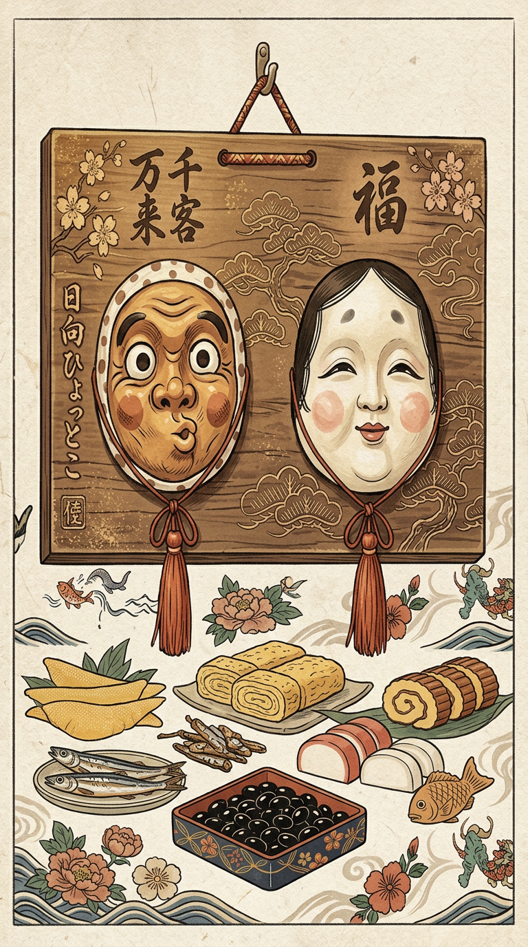 Placa de madera tradicional con las máscaras Hyottoko y Okame — símbolo japonés de alegría, buena fortuna y la unión complementaria de la pareja fundadora